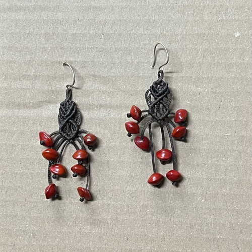 Earrings used handmade dangling brown and red