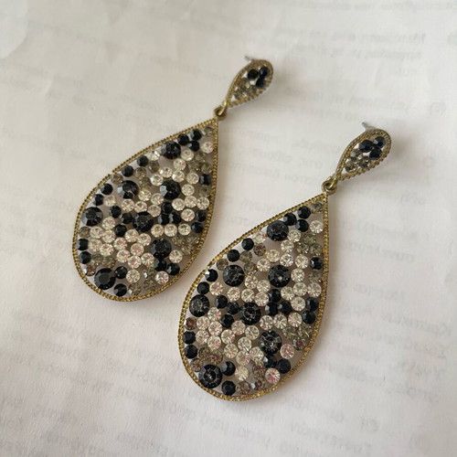 Teardrop Earrings like new, antique gold with black and clear rhinestones