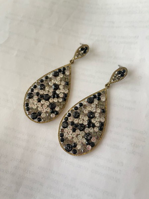 Teardrop Earrings like new, antique gold with black and clear rhinestones