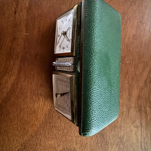 Vintage Europa travel clock with thermometer and barometer used