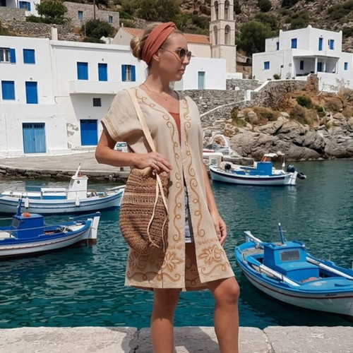 Linen Caftan Hand-Painted Size M New