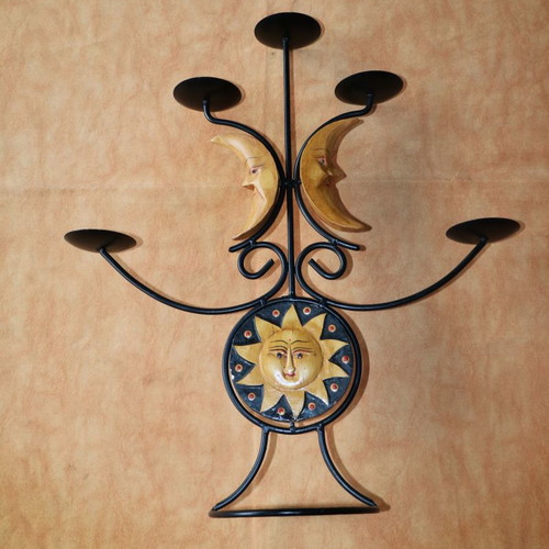 Handmade candle holder 5 candles wood-carved painted sun&moon new