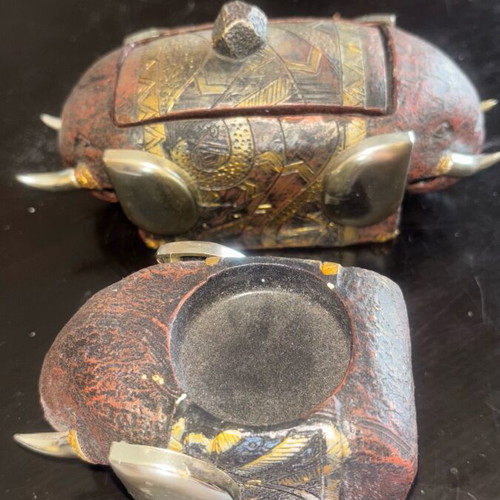 Elephant candle holder and box set used, Indian folk art