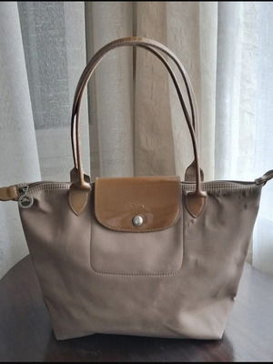 Longchamp Le Pliage Planètes shoulder bag used, beige, medium size with patent details