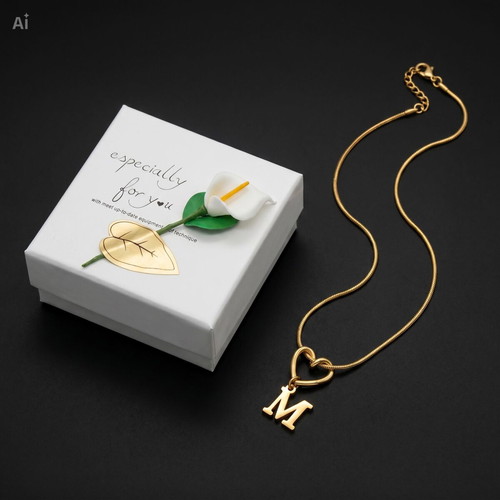 18K Gold Initial M Heart Necklace Stainless Steel New