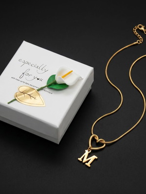18K Gold Initial M Heart Necklace Stainless Steel New