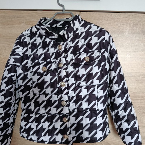 Transitional jacket with black and white houndstooth pattern restored, size S