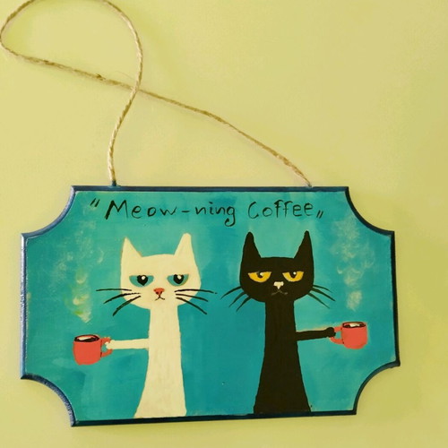 Wooden hanging frame Meow-morning painting new 13×20 cm
