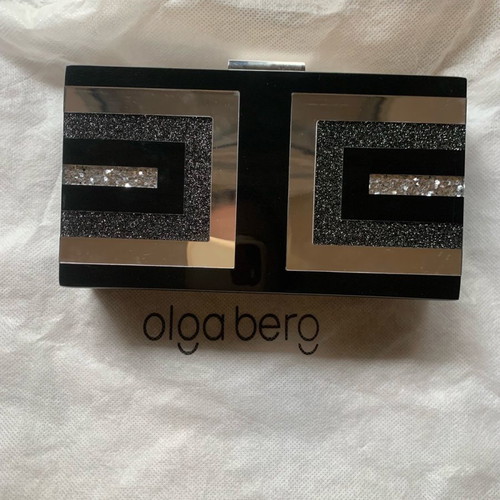 Clutch Olga Berg like new, black with silver mirror details and chain