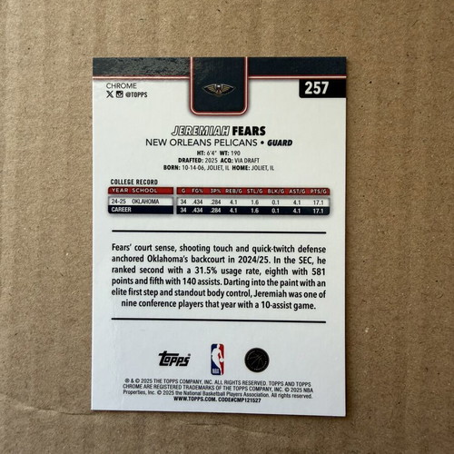 Topps Chrome Rookie Jeremiah Fears Red, White & Blue Refractor κάρτα σαν καινούργιο