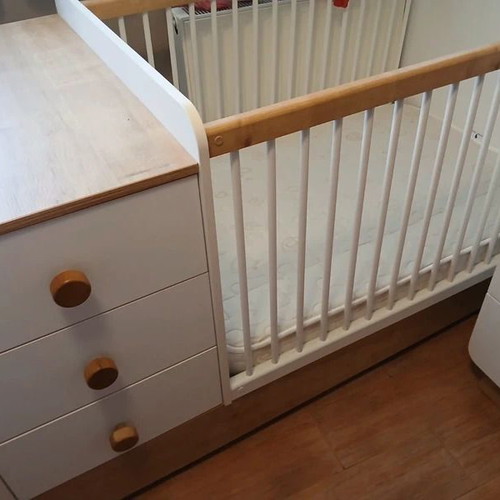 Cilek Convertible Baby Cot with Changing Table, 2 Mattresses & Baby Set like new