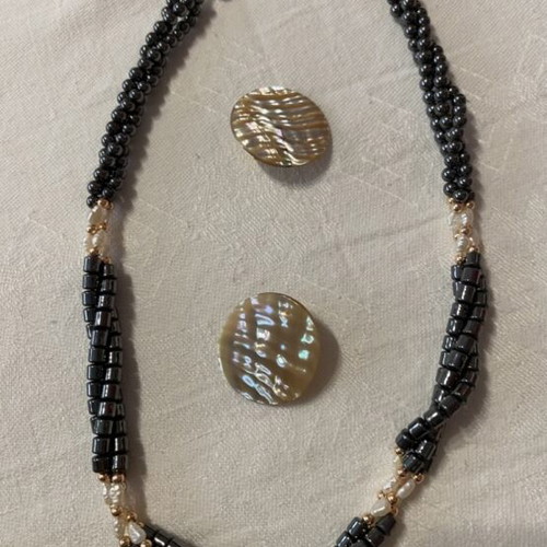 Vintage jewelry set hematite multi-strand necklace and mother of pearl clip earrings like new