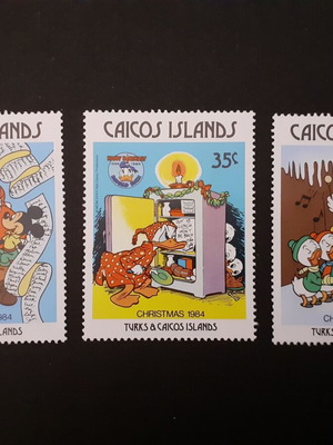 Walt Disney χριστουγεννιάτικα γραμματόσημα των Νήσων Καϊκός 1984, σετ 3 MNH