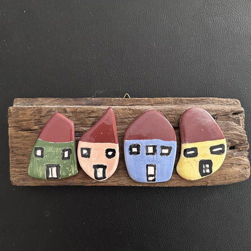 Handmade wall decor with clay houses on driftwood, new