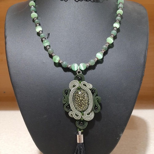 Necklace with cat's eye and aventurine in 925 silver, very long, new