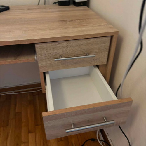 Wooden desk with sliding shelf and 2 drawers, like new