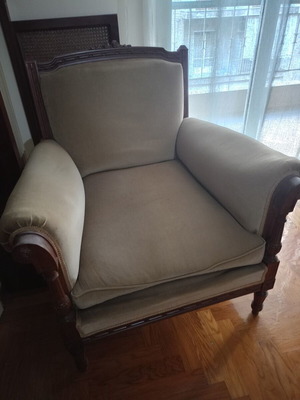 Armchairs made of natural cherry wood with velvet, used