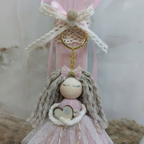 Scented candle with handmade macrame doll keychain new