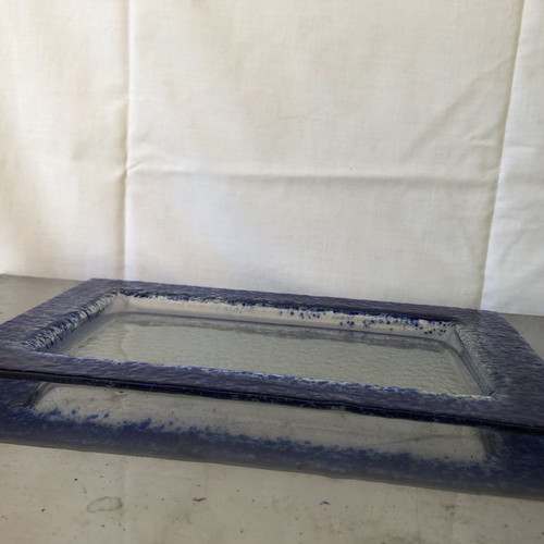 Glass decorative platter like new, blown transparent and blue glass