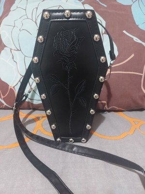 Gothic coffin-shaped crossbody bag with embroidered rose and metal studs new
