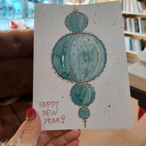 Handmade New Year card with watercolor paints new