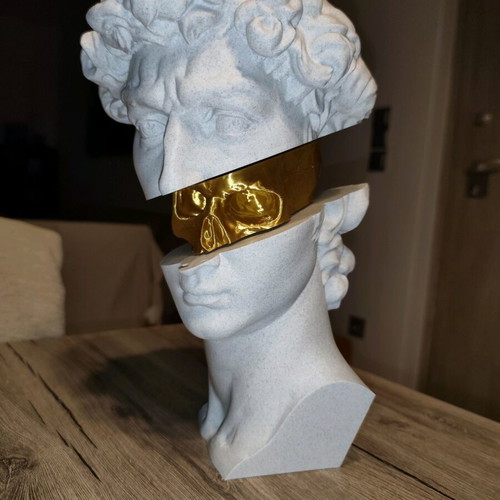 3D Printed David Bust with Gold Skull new, modern decorative art