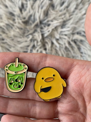 Duck and frog pins new, colorful, pack of two