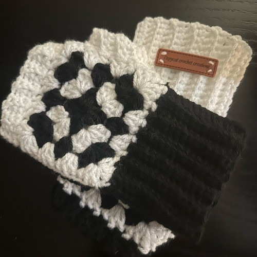 Knitted handmade fingerless gloves black and white with granny square design made to order