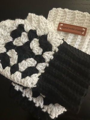 Knitted handmade fingerless gloves black and white with granny square design made to order
