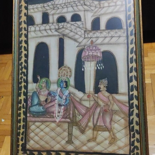 Handmade Hindu Painting on Fabric used, vintage ethnic art