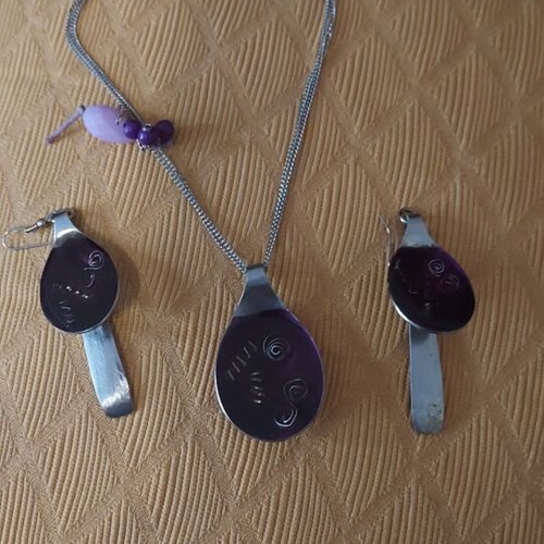 Handmade necklace and earrings set from steel with enamel new, purple