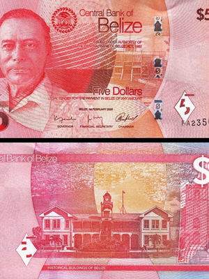 Belize Central Bank 5 Dollars 2025 banknote new