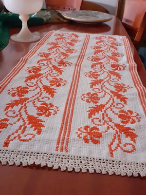 Handmade cross-stitch table runner with DMC threads like new