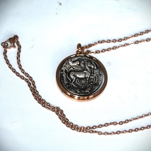 Ancient silver-plated coin pendant - replica - Arethusa, glass case necklace pendant 22K gold-plated