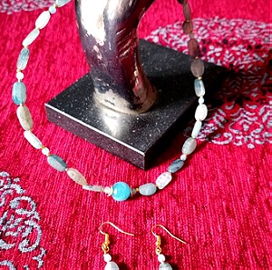 Σετ - κολιέ και σκουλαρίκια από γαλάζιο αχάτη και χαλαζία Καμπότζης (Cambodia rutilated quartz)