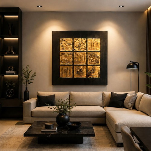 Handmade Embossed Wall Art 100x100 cm, Black & Gold Bronze