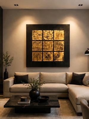 Handmade Embossed Wall Art 100x100 cm, Black & Gold Bronze