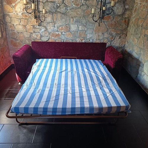 Sofa bed with ottoman and mattress like new, burgundy velvet