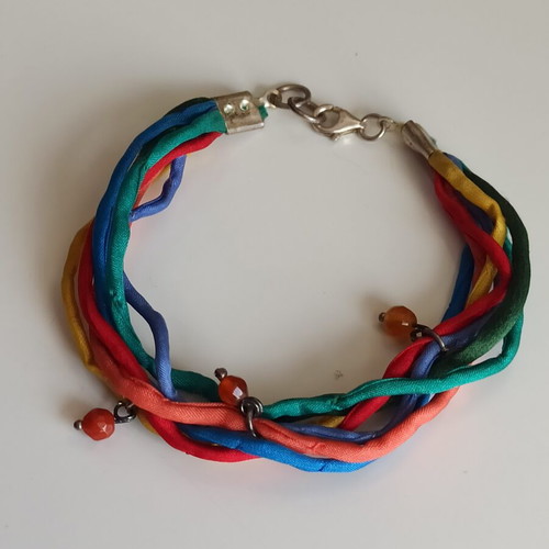 Handmade 925 bracelet with silk ribbons like new, multicolor