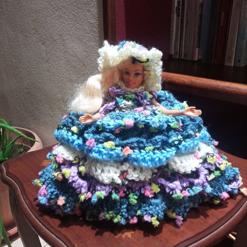 Handmade knitted dress and hat set for doll, bathroom decor