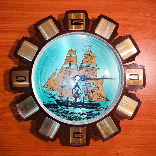 Collectible wall clock used 1960 sailing metal 30cm