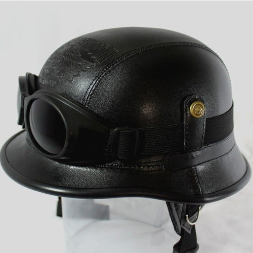 Luis handmade vintage motorcycle helmet with goggles, black matte, size L