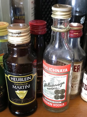 Miniature bottles of alcohol used, set of 7 empty