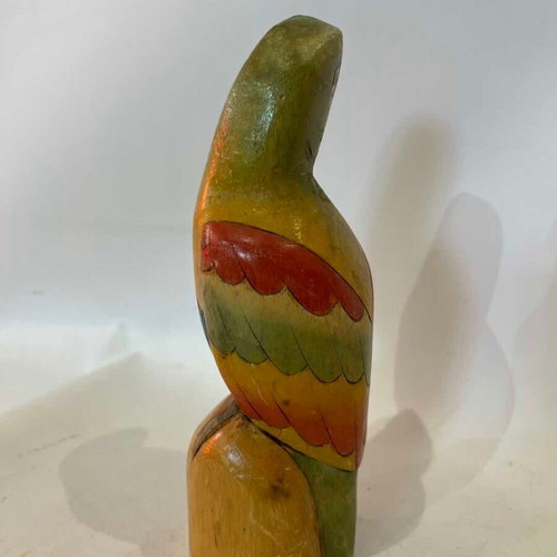 Vintage wooden parrot figurine handmade, used, painted from Puerto Rico 20x6x6