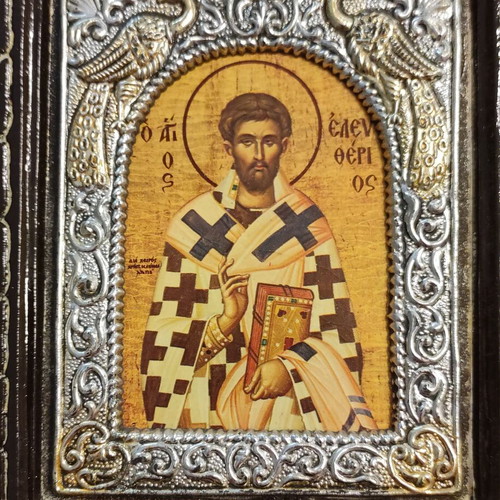 Byzantine icon of Saint Eleftherios on wooden base with metal frame new