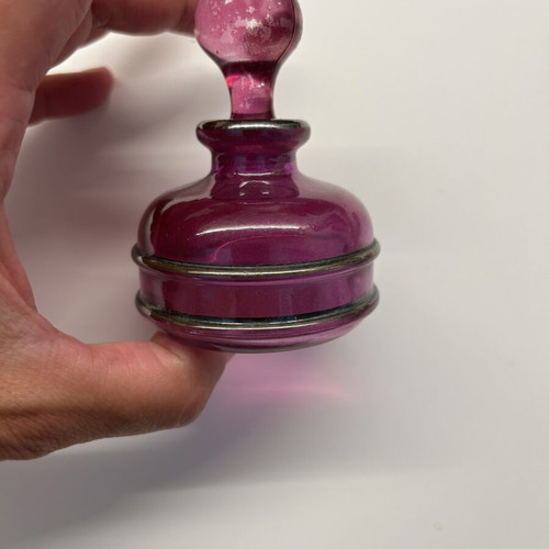 Glass perfume bottle used, purple color, vintage