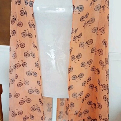 Long lightweight scarf with vintage bicycle print like new, orange