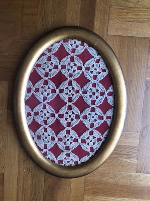 Framed artwork with gold wooden frame and glass used, handmade crochet