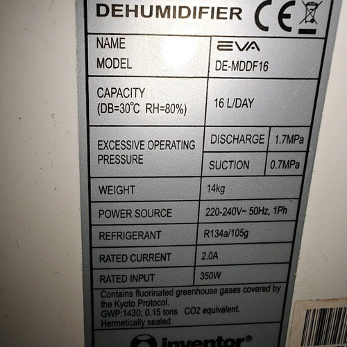Inventor EVA DE-MDDF16 dehumidifier 16lt/24h used with ionizer