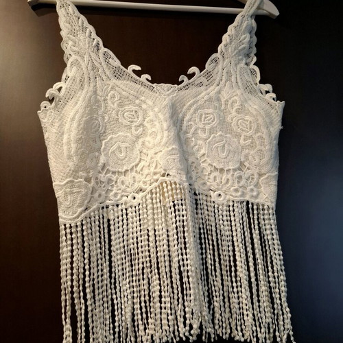 Benissimo crop top with lace and fringes, new, white, one size